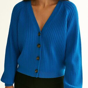 Talbots Bright Blue Ribbed Long Sleeve V Neck Button Down Sweater Layer Piece